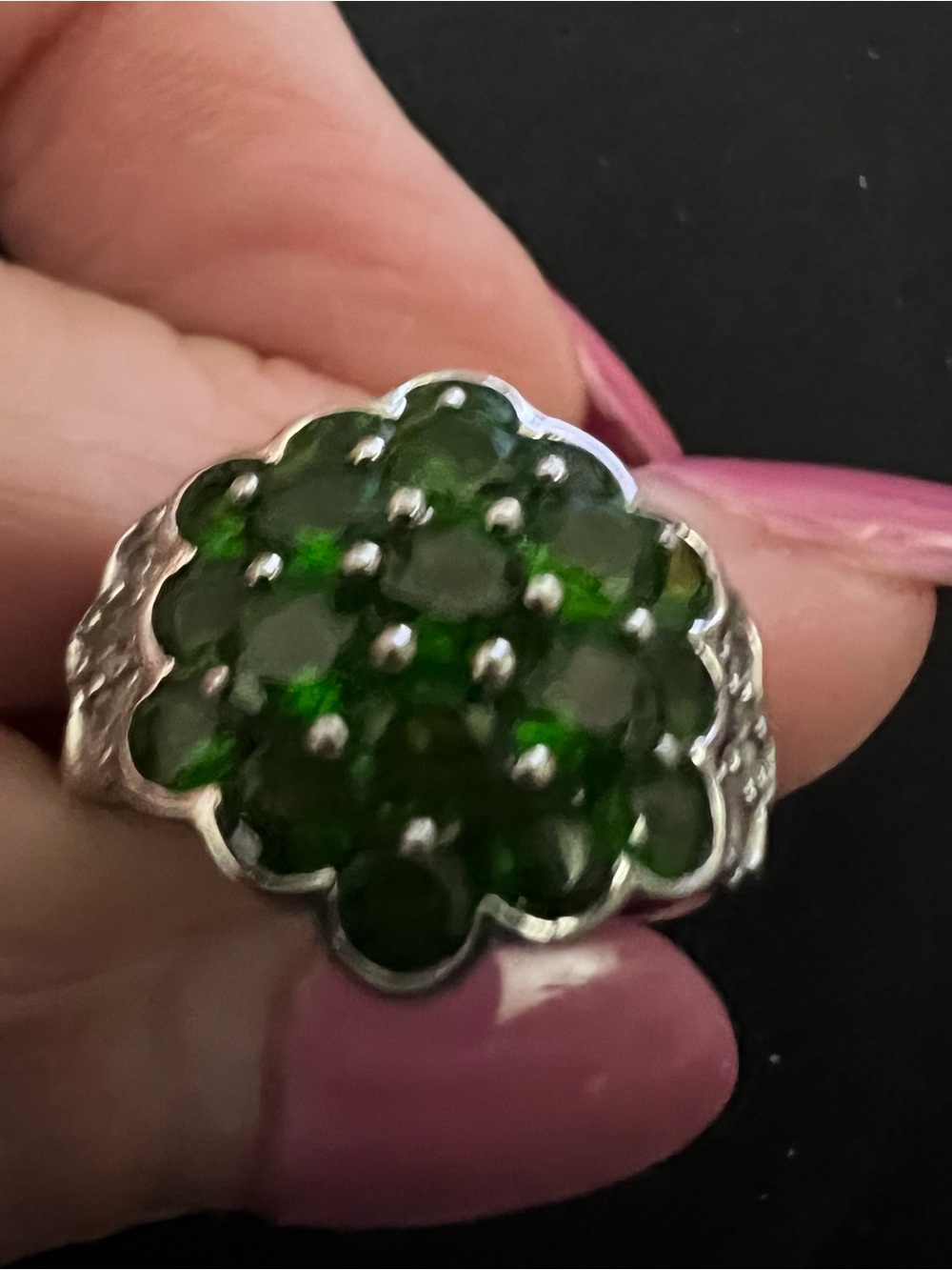 Sterling Cluster Ring with Deep Green Gemstones - Women's Jewelry